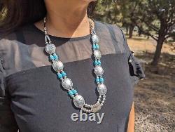 Native American Navajo Pearls Beads Concho Saucer Necklace Silver Plated