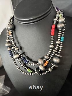 Native American Navajo Pearls Multi-Color Sterling Silver Necklace 48 92848