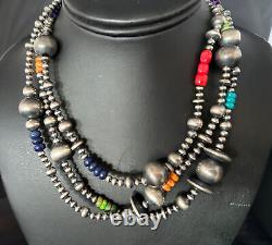 Native American Navajo Pearls Multi-Color Sterling Silver Necklace 48 92848