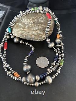 Native American Navajo Pearls Multi-Color Sterling Silver Necklace 48 92848
