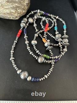 Native American Navajo Pearls Multi-Color Sterling Silver Necklace 48 92848
