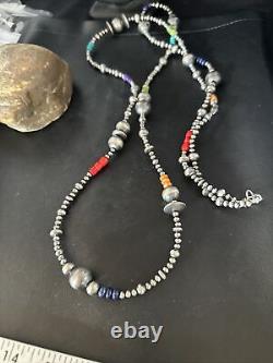 Native American Navajo Pearls Multi-Color Sterling Silver Necklace 48 92848