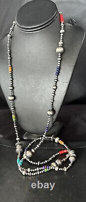 Native American Navajo Pearls Multi-Color Sterling Silver Necklace 48 92848