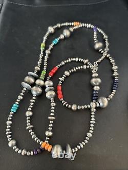 Native American Navajo Pearls Multi-Color Sterling Silver Necklace 48 92848