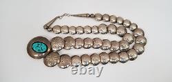 Native American Navajo Stamped Sterling Silver Pillow Beads Turquoise Necklace