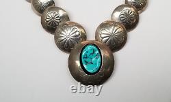 Native American Navajo Stamped Sterling Silver Pillow Beads Turquoise Necklace