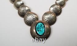 Native American Navajo Stamped Sterling Silver Pillow Beads Turquoise Necklace