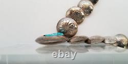 Native American Navajo Stamped Sterling Silver Pillow Beads Turquoise Necklace