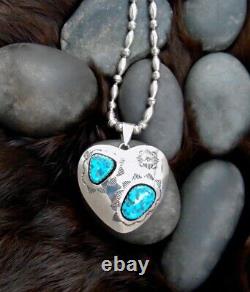 Native American Navajo Sterling Shadowbox Heart Pendant and Silver Bead Necklace