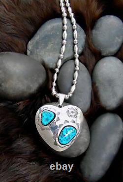 Native American Navajo Sterling Shadowbox Heart Pendant and Silver Bead Necklace