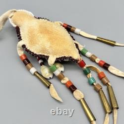 Native American Plains Indian Trade Bead Leather Umbilical Lizard Fetish Amulet