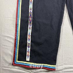 Native American Ribbon Pants Wide Leg Black Powwow Regalia 36X31 Hand-Beaded