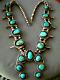 Native American Royston Turquoise Sterling Silver Squash Blossom Bead Necklace