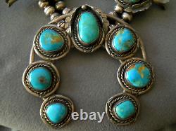 Native American Royston Turquoise Sterling Silver Squash Blossom Bead Necklace