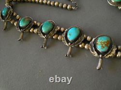 Native American Royston Turquoise Sterling Silver Squash Blossom Bead Necklace