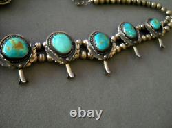 Native American Royston Turquoise Sterling Silver Squash Blossom Bead Necklace