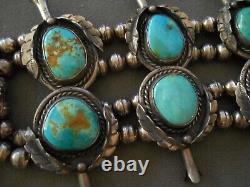 Native American Royston Turquoise Sterling Silver Squash Blossom Bead Necklace