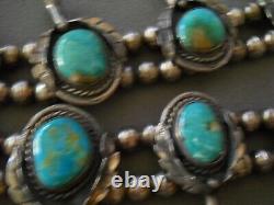 Native American Royston Turquoise Sterling Silver Squash Blossom Bead Necklace