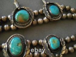 Native American Royston Turquoise Sterling Silver Squash Blossom Bead Necklace