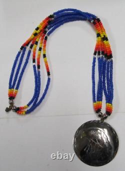 Native American Seminole Handmade Eagle Medallion Blue Beaded Necklace C Johnson