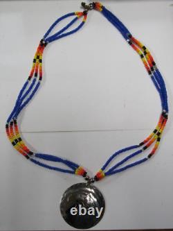 Native American Seminole Handmade Eagle Medallion Blue Beaded Necklace C Johnson