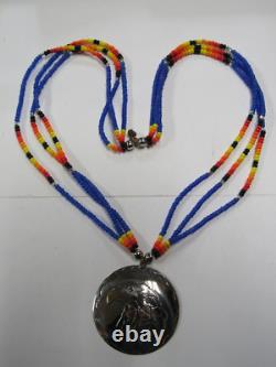 Native American Seminole Handmade Eagle Medallion Blue Beaded Necklace C Johnson