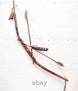 Native American Sioux Bow and Arrows Hanging Beaded Handle, Stone Arrowhead