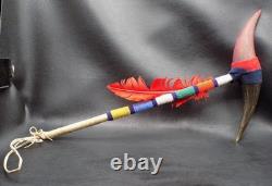 Native American Sioux Indian horn dance wand with beaded handle. Wrapped with l