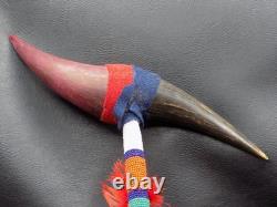 Native American Sioux Indian horn dance wand with beaded handle. Wrapped with l
