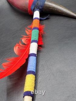 Native American Sioux Indian horn dance wand with beaded handle. Wrapped with l