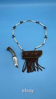 Native American Sioux Turquoise Bone Hair Pipe Beaded Necklace With Small Knife