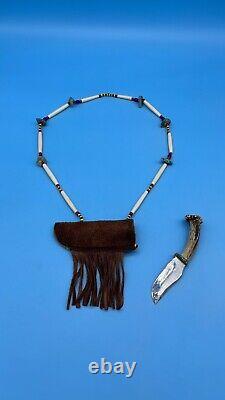 Native American Sioux Turquoise Bone Hair Pipe Beaded Necklace With Small Knife