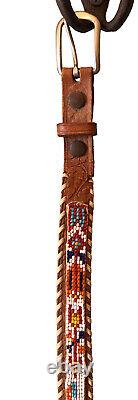 Native American Southwestern Beaded Belt Antique Vtg 26 Brown Leather COLORFUL