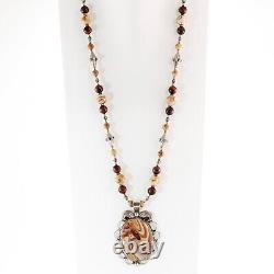 Native American Sterling Jasper Agate Scalloped Bezel Bead Pendant Necklace 25