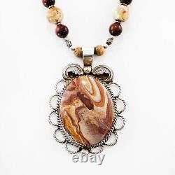Native American Sterling Jasper Agate Scalloped Bezel Bead Pendant Necklace 25