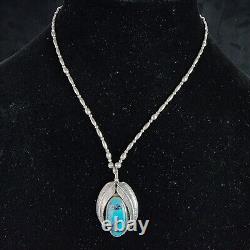 Native American Sterling Silver Beaded Necklace & Turqoise Pendant 16