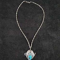 Native American Sterling Silver Beaded Necklace & Turqoise Pendant 16