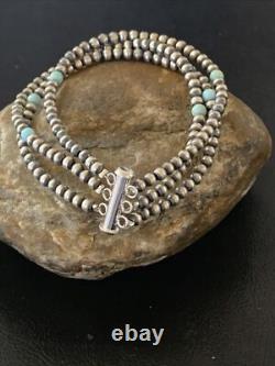 Native American Sterling Silver Beads Blue Turquoise Bracelet 3 Strand 13576