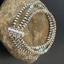 Native American Sterling Silver Beads Blue Turquoise Bracelet 3 Strand 13576