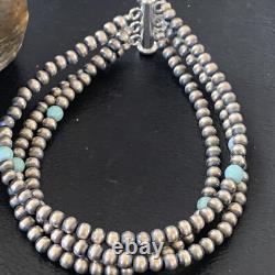 Native American Sterling Silver Beads Blue Turquoise Bracelet 3 Strand 13576