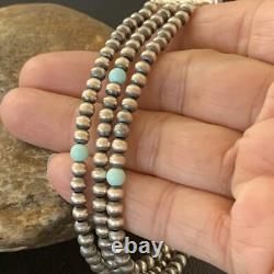 Native American Sterling Silver Beads Blue Turquoise Bracelet 3 Strand 13576