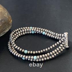 Native American Sterling Silver Beads Blue Turquoise Bracelet 3 Strand 13576