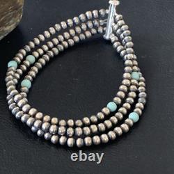 Native American Sterling Silver Beads Blue Turquoise Bracelet 3 Strand 13576