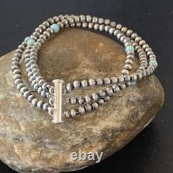 Native American Sterling Silver Beads Blue Turquoise Bracelet 3 Strand 13576