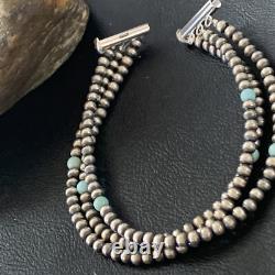 Native American Sterling Silver Beads Blue Turquoise Bracelet 3 Strand 13576
