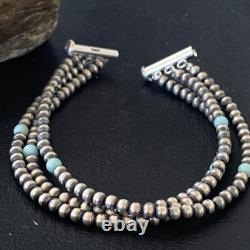 Native American Sterling Silver Beads Blue Turquoise Bracelet 3 Strand 13576
