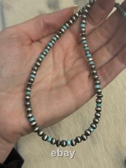 Native American Sterling Silver Graduated Navajo Pearl Saucer Turquoise Necklace