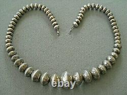 Native American Sterling Silver Graduated Navajo Pearls Stamped Bead Necklace