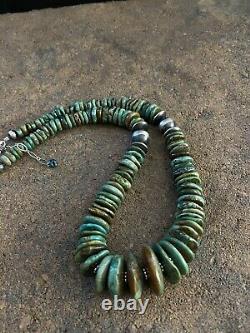 Native American Sterling Silver Graduated Turquoise Bead Necklace. 18 Inch