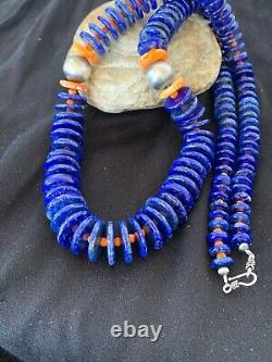 Native American Sterling Silver LAPIS Spiny Oyster Beads Necklace Set 30 4561